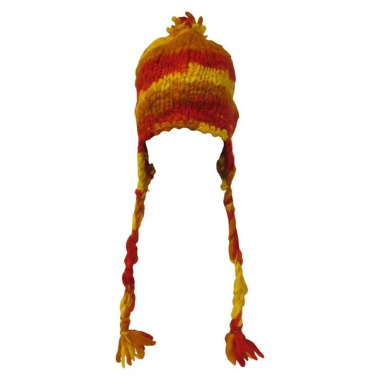 Hand Knit Wool Bobble Hat: Fleece Lined Striped Winter Cap -