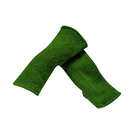 Handmade Knit Wool Fingerless Gloves: Green Fleece Lined Hand Warmers