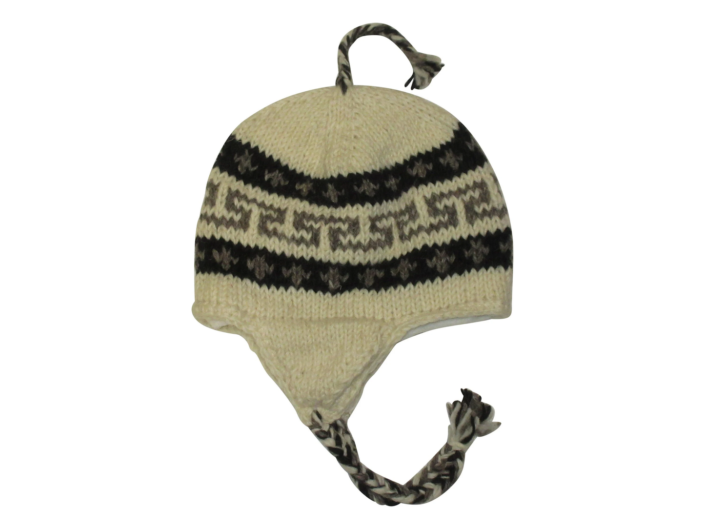 Hand Knit Wool Winter Hat: Fleece Lined, Boho Tassel - CREAM/GREY