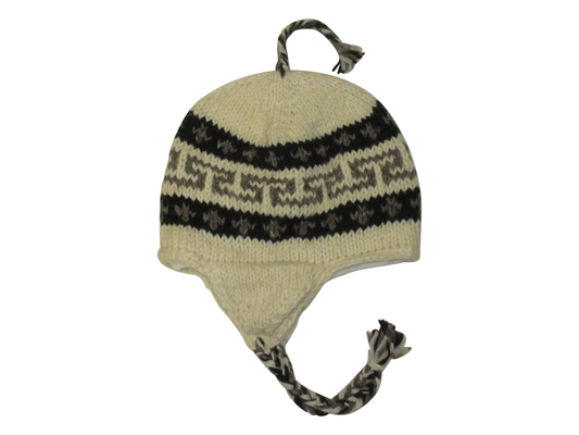Hand Knit Wool Winter Hat: Fleece Lined, Boho Tassel - CREAM/GREY