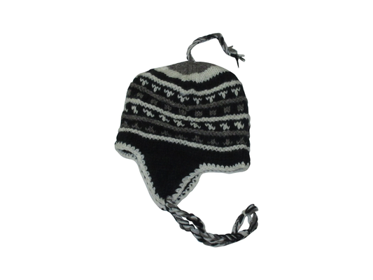 Hand Knit Wool Winter Hat: Fleece Lined, Boho Tassel - BLACK/GREY/WHITE