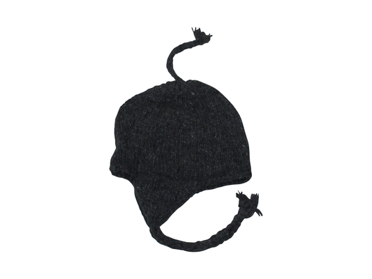 Hand Knit Wool Winter Hat: Fleece Lined, Boho Tassel - DARK GREY