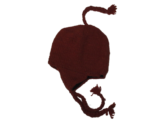 Hand Knit Wool Winter Hat: Fleece Lined, Boho Tassel - BURGUNDY