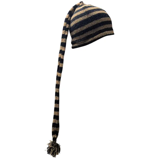 Handmade Wool Knit Beanie: Striped Boho Tassel Winter Cap P17