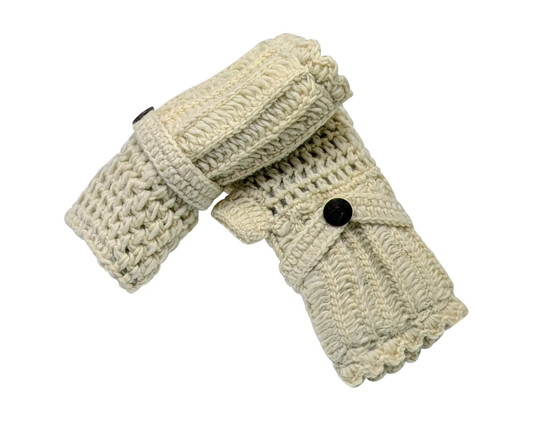 Handmade Crochet Fleece Lined Handwarmers 100% Wool | Winter Fingerless Gloves One Size - CREAM