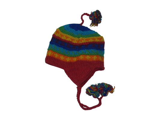 Hand Knit Wool Winter Hat: Fleece Lined, Boho Tassel - MULTICOLOUR