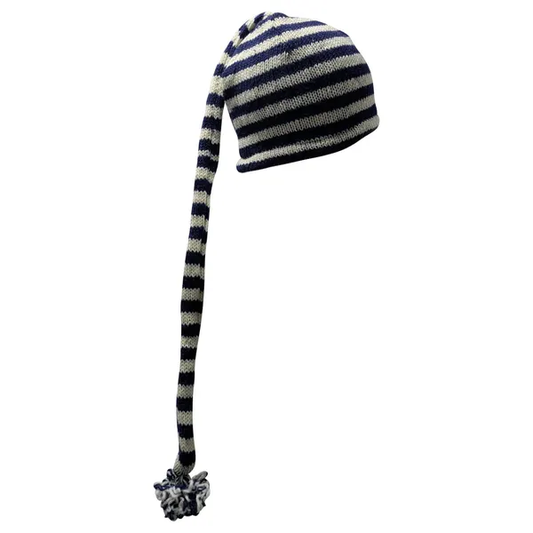 Handmade Wool Knit Beanie: Striped Boho Tassel Winter Cap P5
