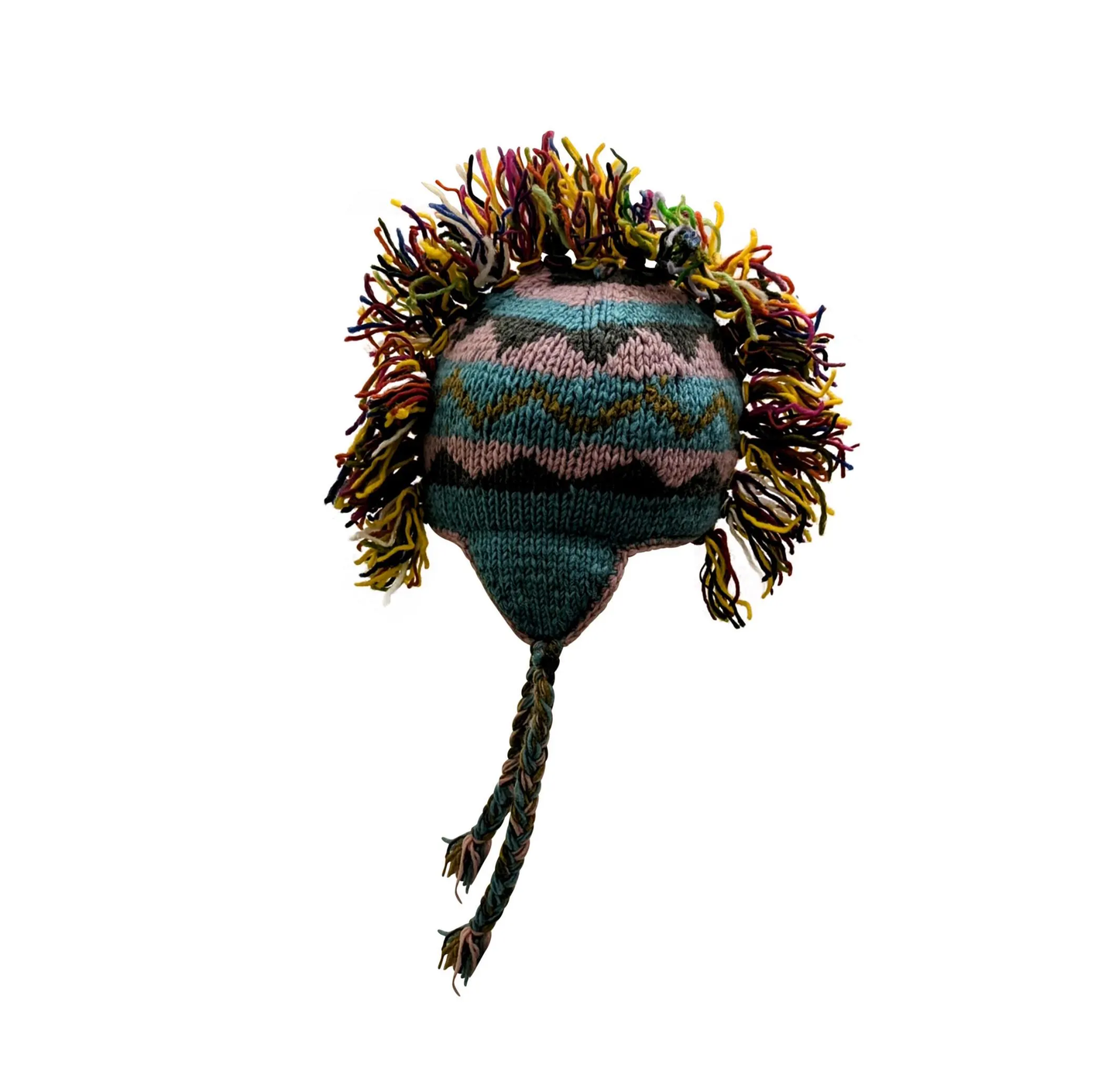 Hand Knit Wool Mohawk Hat: Fleece Lined Ear Flap Tassel Beanie - P69