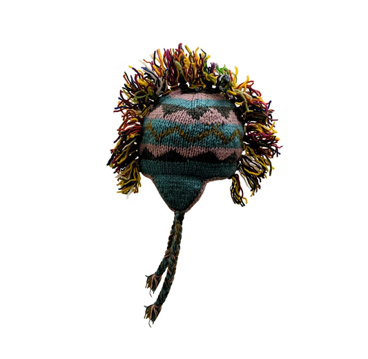 Hand Knit Wool Mohawk Hat: Fleece Lined Ear Flap Tassel Beanie - P69
