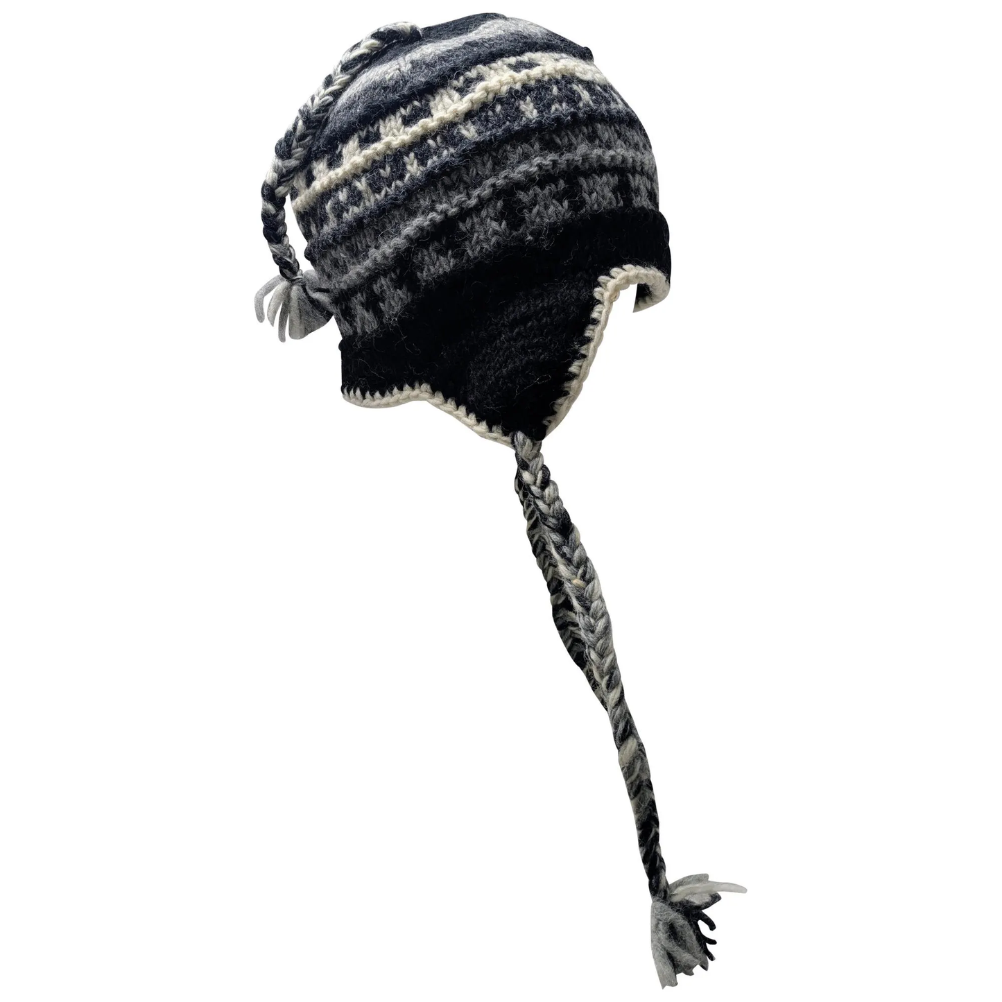 Hand Knit Wool Winter Hat: Fleece Lined, Boho Tassel - P38