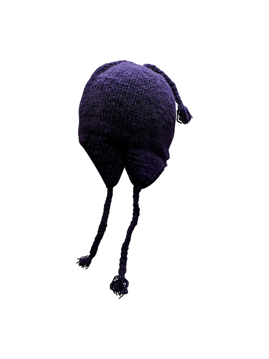 Handmade Wool Knit Hat: Unisex Fleece Lined Winter Cap - DARK PURPLE