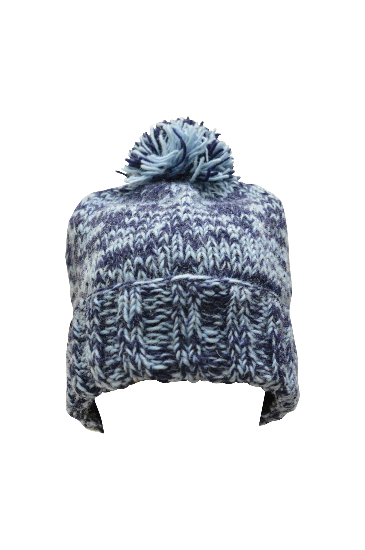 Handmade knit 100% Wool Beanie Pompom Hat Warm Winter Fleece lined Skull Cap - Blue