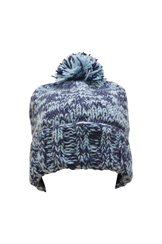 Handmade knit 100% Wool Beanie Pompom Hat Warm Winter Fleece lined Skull Cap - Blue
