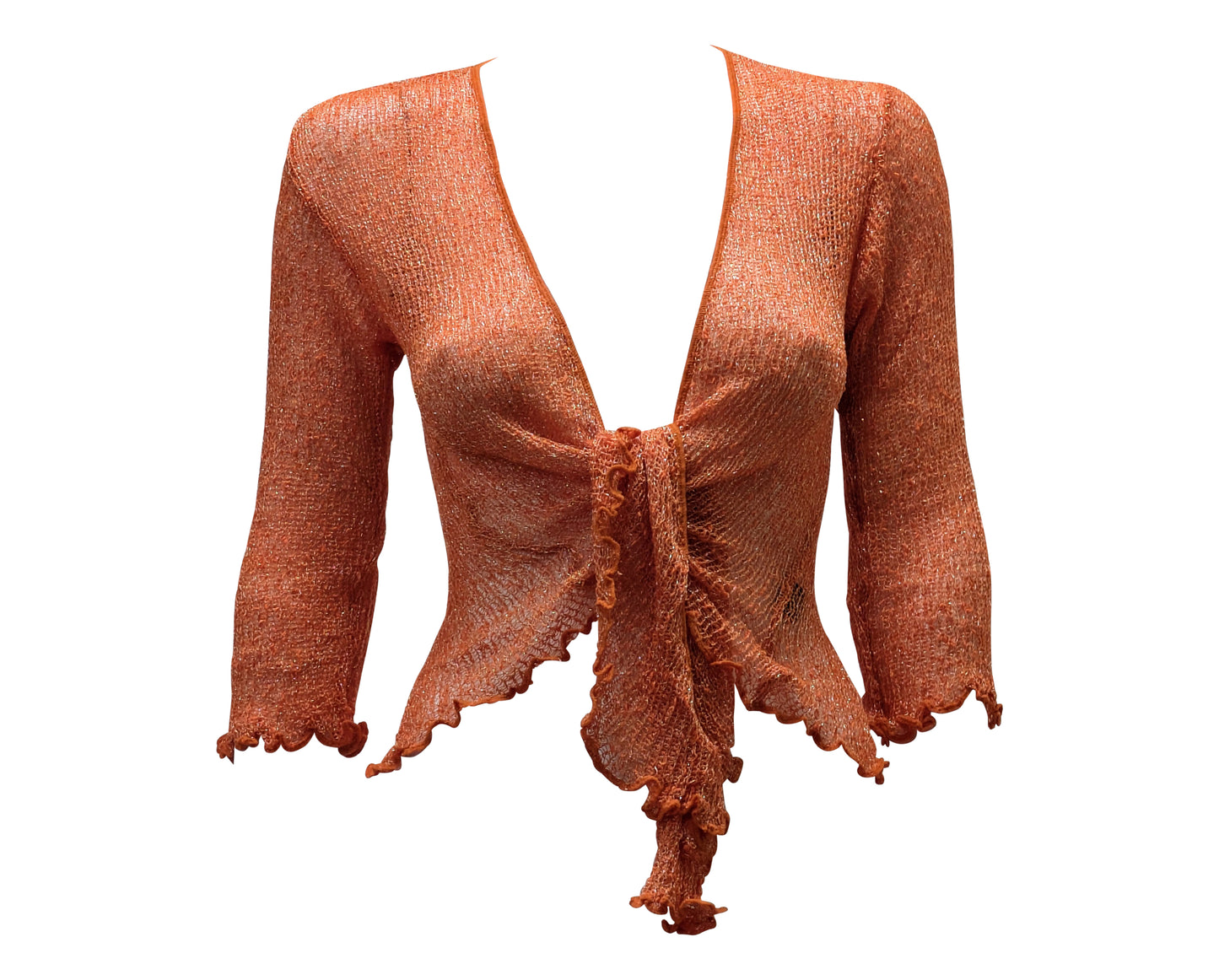 Women's Boho Lurex Knit Shrug Chic Crochet style Cardigan onesize Up To 20 ORANGE & GOLD