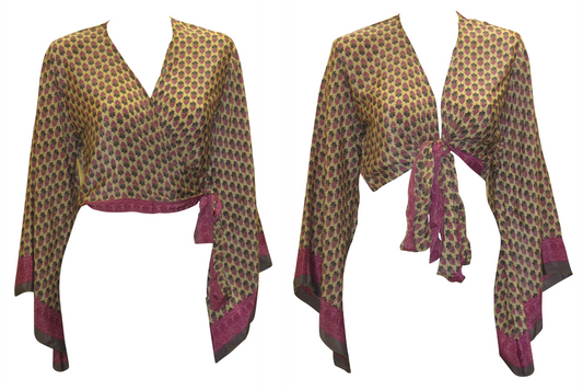 RETRO BELL SLEEVES FRONT KNOT CROP TOP WRAP BLOUSE FREE SIZE UP TO 16 P101