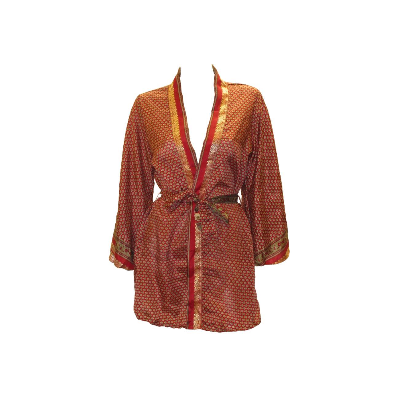 RECYCLED RETRO SARI KIMONO BEACH COVER-UP BOHO MINI ROBE FREE SIZE UP TO 12 P15