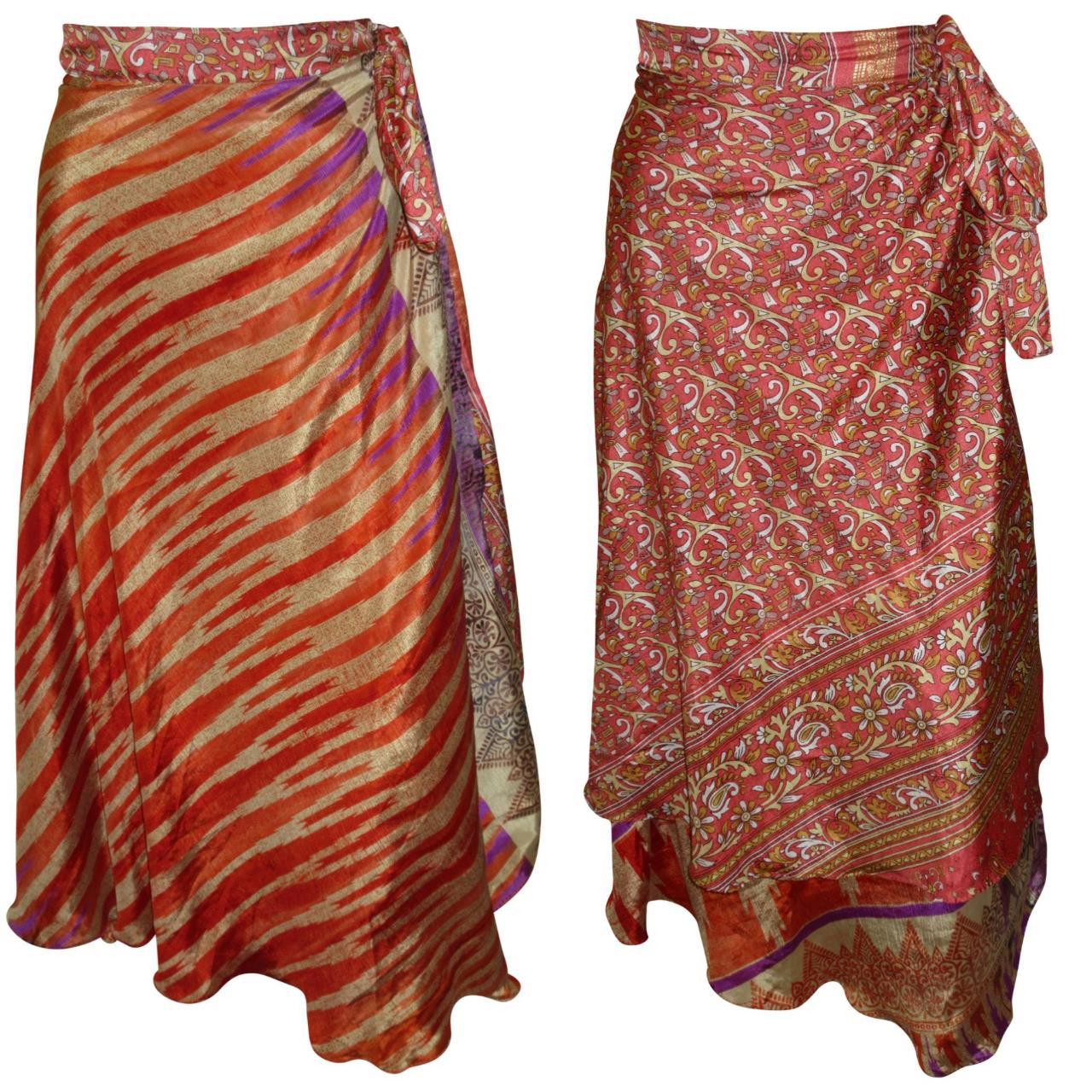 RECYCLED RETRO WRAP AROUND SKIRT LAYERED REVERSIBLE MIDI FREESIZE UP TO 20 P173