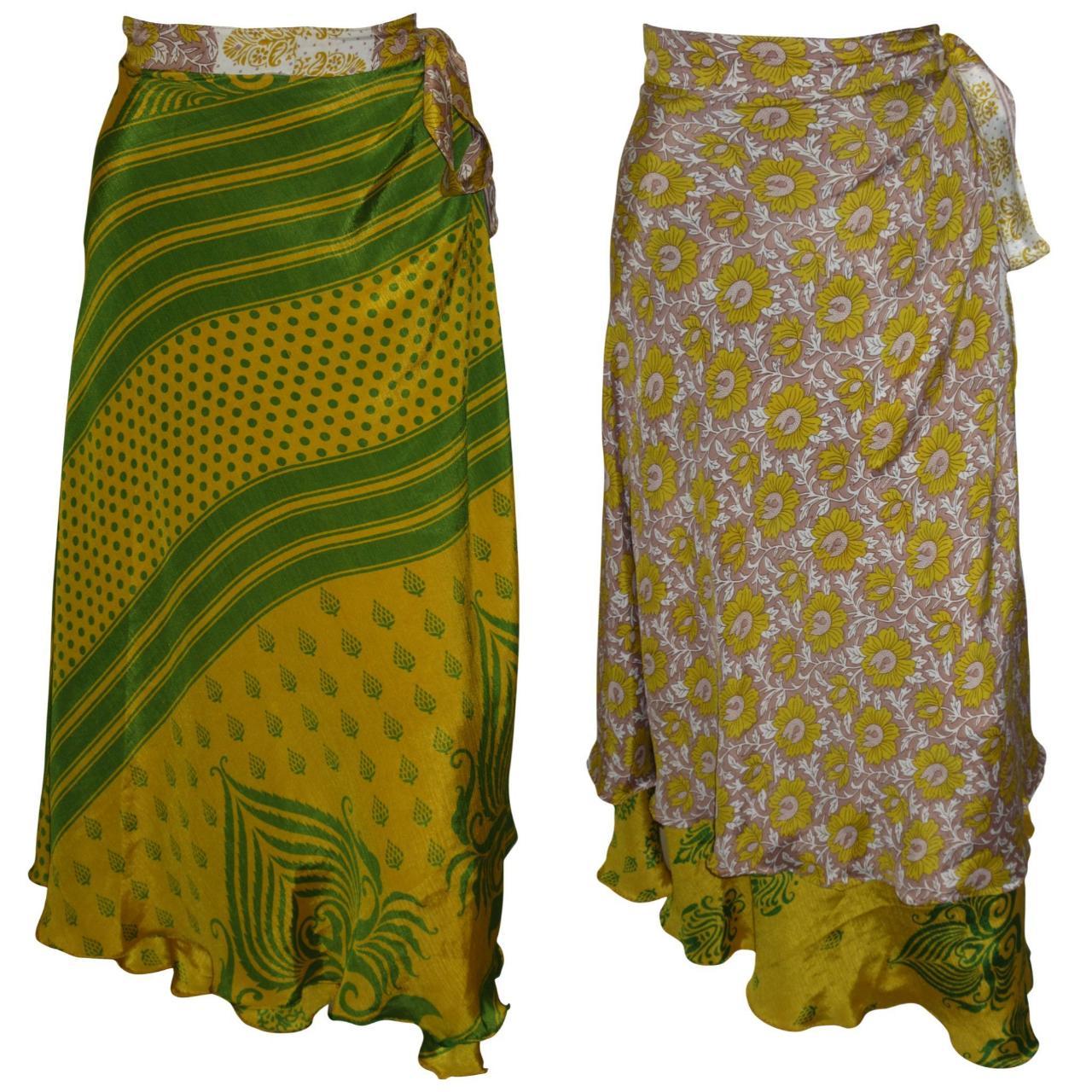 RECYCLED RETRO WRAP AROUND SKIRT LAYERED REVERSIBLE MIDI FREESIZE UP TO 20 P176