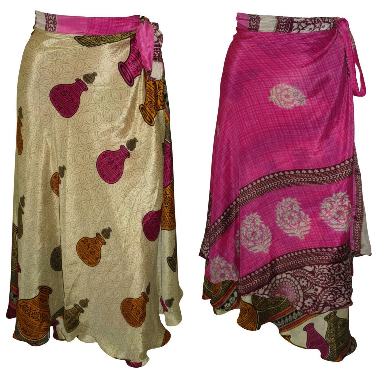 RECYCLED RETRO WRAP AROUND SKIRT LAYERED REVERSIBLE MIDI FREESIZE UP TO 20 P179