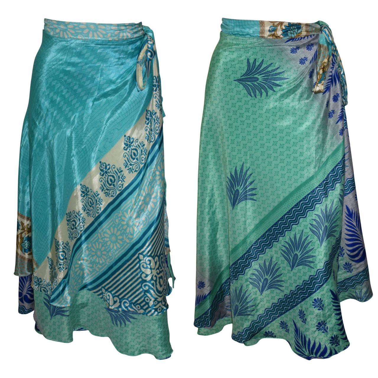 RECYCLED RETRO WRAP AROUND SKIRT LAYERED REVERSIBLE MIDI FREESIZE UP TO 20 P181