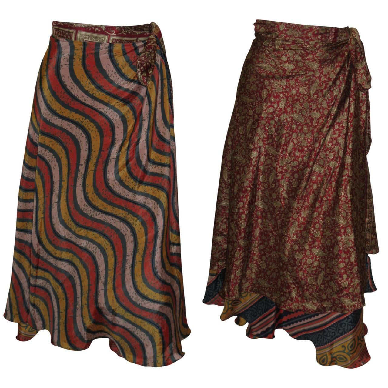 RECYCLED RETRO WRAP AROUND SKIRT LAYERED REVERSIBLE MIDI FREESIZE UP TO 20 P182