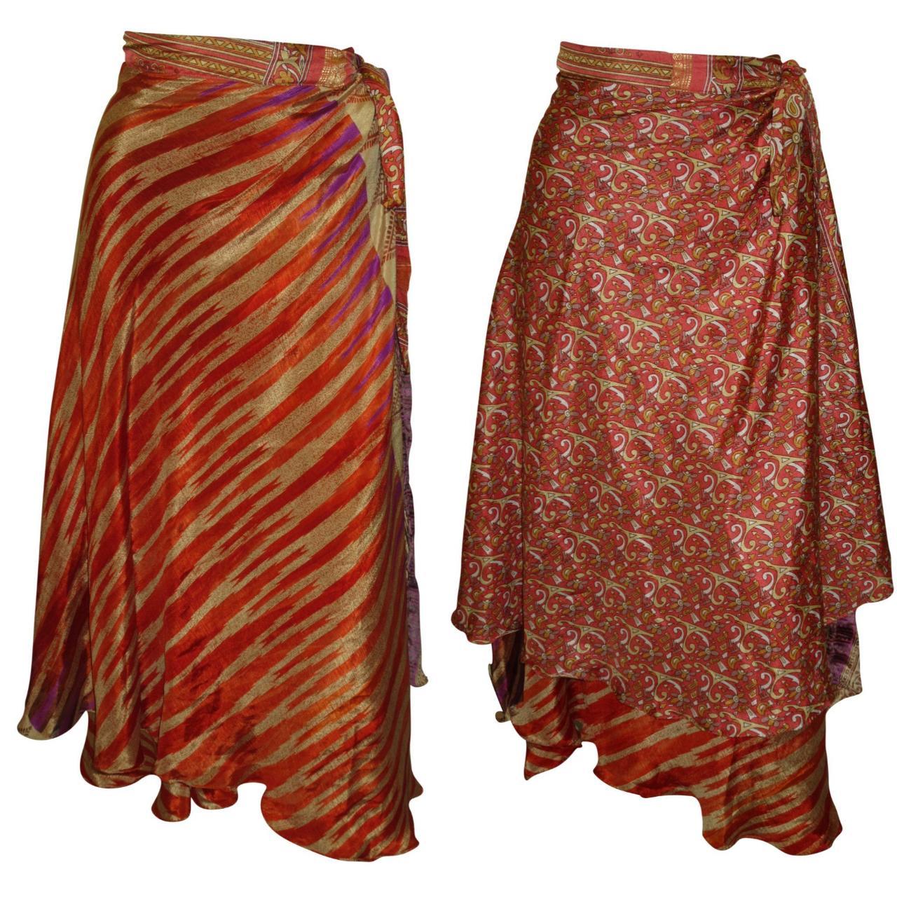 RECYCLED RETRO WRAP AROUND SKIRT LAYERED REVERSIBLE MIDI FREESIZE UP TO 20 P185