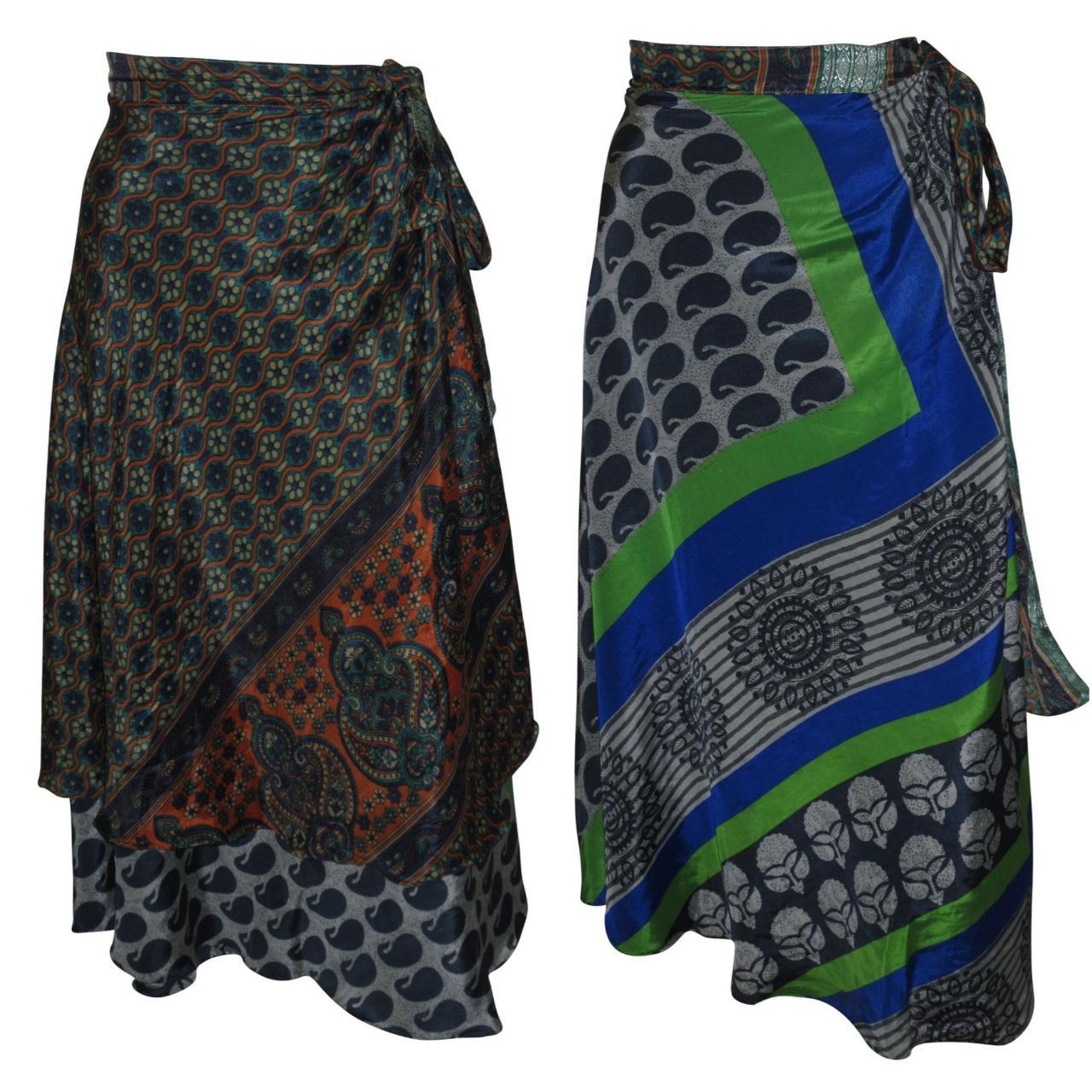 RECYCLED RETRO WRAP AROUND SKIRT LAYERED REVERSIBLE MIDI FREESIZE UP TO 20 P186