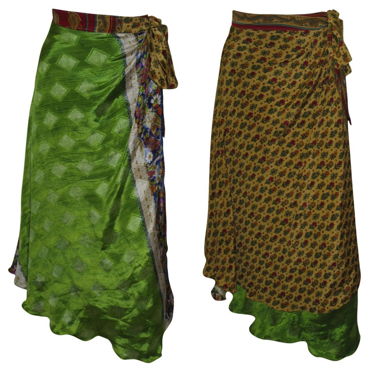 RECYCLED RETRO WRAP AROUND SKIRT LAYERED REVERSIBLE MIDI FREESIZE UP TO 20 P188