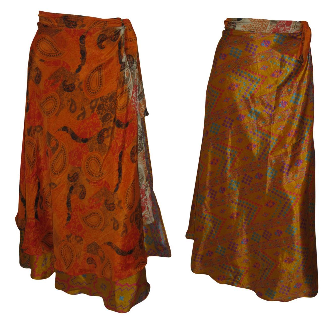 RECYCLED RETRO WRAP AROUND SKIRT LAYERED REVERSIBLE MIDI FREESIZE UP TO 20 P190