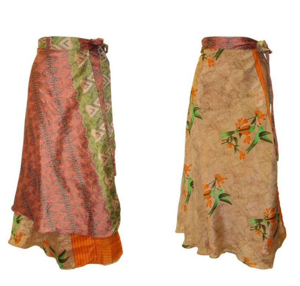 RECYCLED RETRO WRAP AROUND SKIRT LAYERED REVERSIBLE MIDI FREESIZE UP TO 20 P202