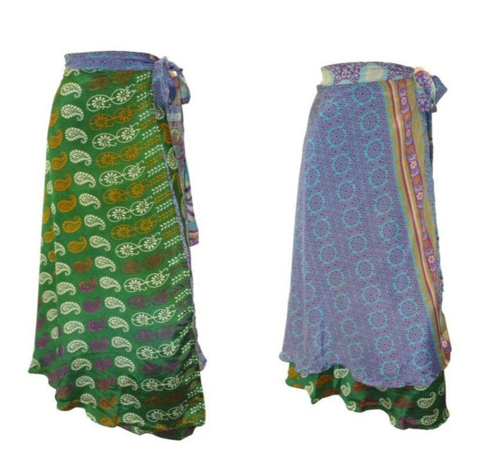 RECYCLED RETRO WRAP AROUND SKIRT LAYERED REVERSIBLE MIDI FREESIZE UP TO 20 P205