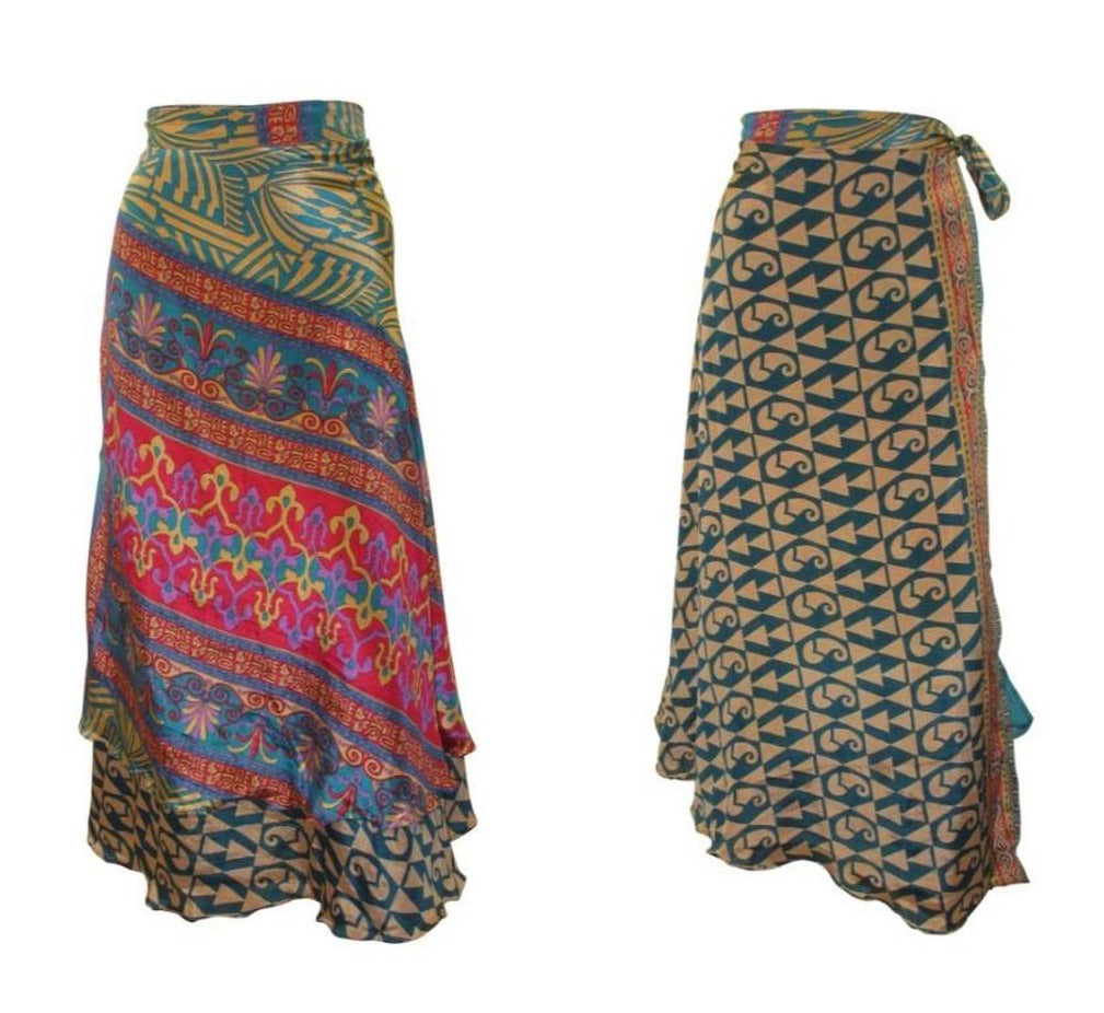 RECYCLED RETRO WRAP AROUND SKIRT LAYERED REVERSIBLE MIDI FREESIZE UP TO 20 P207