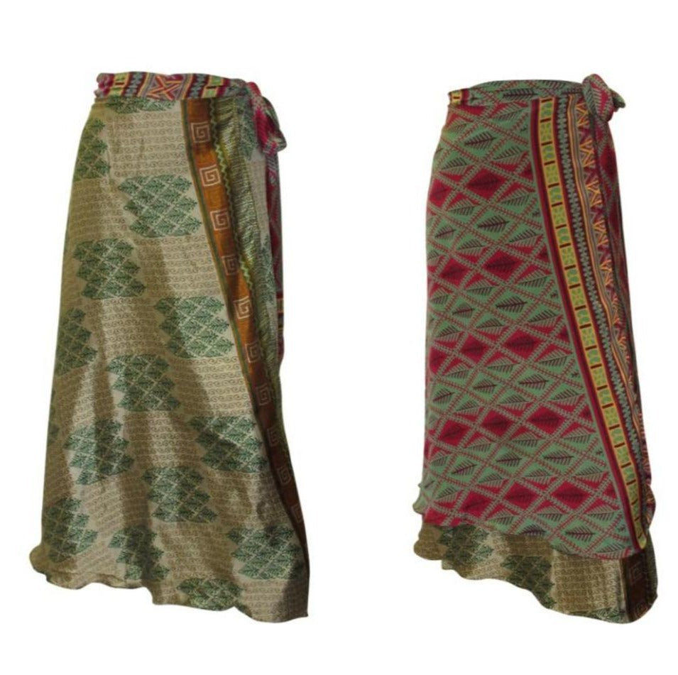 RECYCLED RETRO WRAP AROUND SKIRT LAYERED REVERSIBLE MIDI FREESIZE UP TO 20 P215