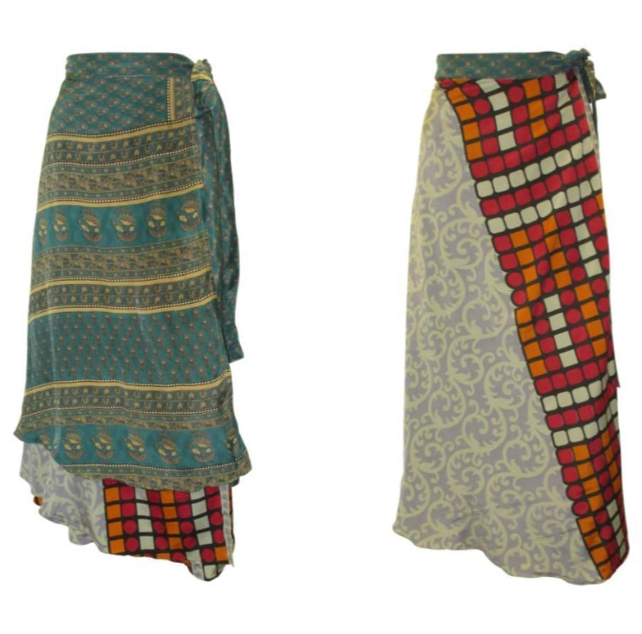 RECYCLED RETRO WRAP AROUND SKIRT LAYERED REVERSIBLE MIDI FREESIZE UP TO 20 P218