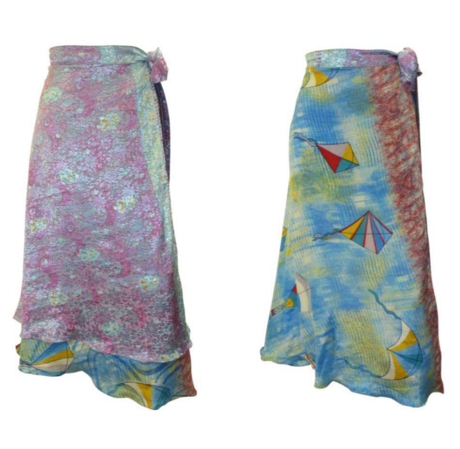 RECYCLED RETRO WRAP AROUND SKIRT LAYERED REVERSIBLE MIDI FREESIZE UP TO 20 P220