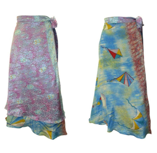 RECYCLED RETRO WRAP AROUND SKIRT LAYERED REVERSIBLE MIDI FREESIZE UP TO 20 P220