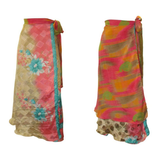 RECYCLED RETRO WRAP AROUND SKIRT LAYERED REVERSIBLE MIDI FREESIZE UP TO 20 P229