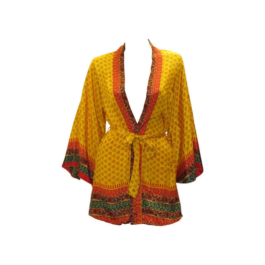 RECYCLED RETRO SARI KIMONO BEACH COVER-UP BOHO MINI ROBE FREE SIZE UP TO 12 P27