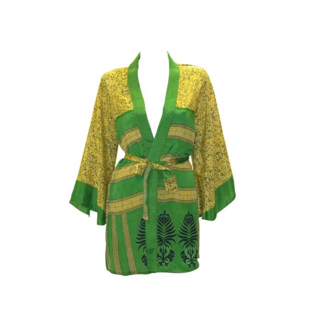 RECYCLED RETRO SARI KIMONO BEACH COVER-UP BOHO MINI ROBE FREE SIZE UP TO 12 P4