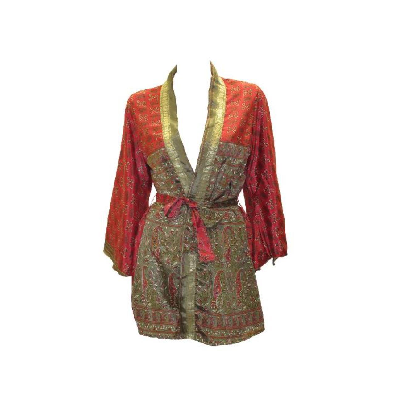 RECYCLED RETRO SARI KIMONO BEACH COVER-UP BOHO MINI ROBE FREE SIZE UP TO 12 P6