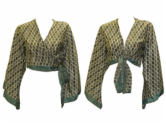 RECYCLED BOHO RETRO BELL SLEEVES FRONT KNOT CROP TOP WRAP BLOUSE FREE SIZE UP TO 16 P61