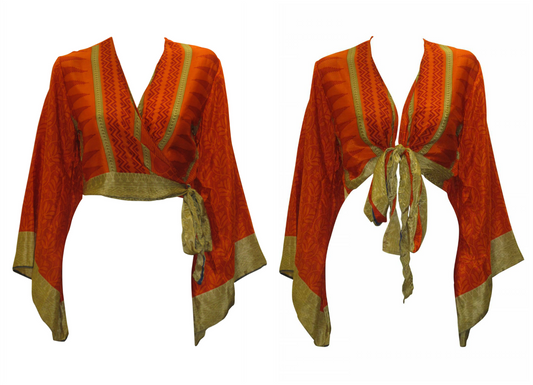 RETRO BELL SLEEVES FRONT KNOT CROP TOP WRAP BLOUSE FREE SIZE UP TO 16 P68