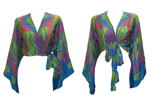 RETRO BELL SLEEVES FRONT KNOT CROP TOP WRAP BLOUSE FREE SIZE UP TO 16 P69