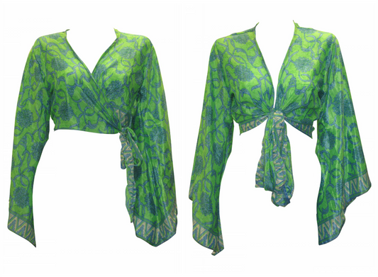 RETRO BELL SLEEVES FRONT KNOT CROP TOP WRAP BLOUSE FREE SIZE UP TO 16 P74