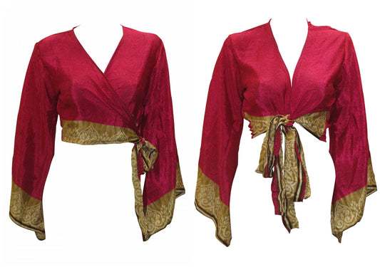 RETRO BELL SLEEVES FRONT KNOT CROP TOP WRAP BLOUSE FREE SIZE UP TO 16 P95