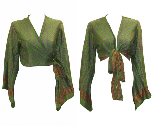 RETRO BELL SLEEVES FRONT KNOT CROP TOP WRAP BLOUSE FREE SIZE UP TO 16 P100