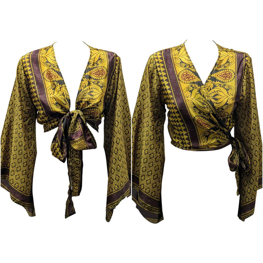 RETRO BELL SLEEVES FRONT KNOT CROP TOP WRAP BLOUSE FREE SIZE UP TO 16 P133