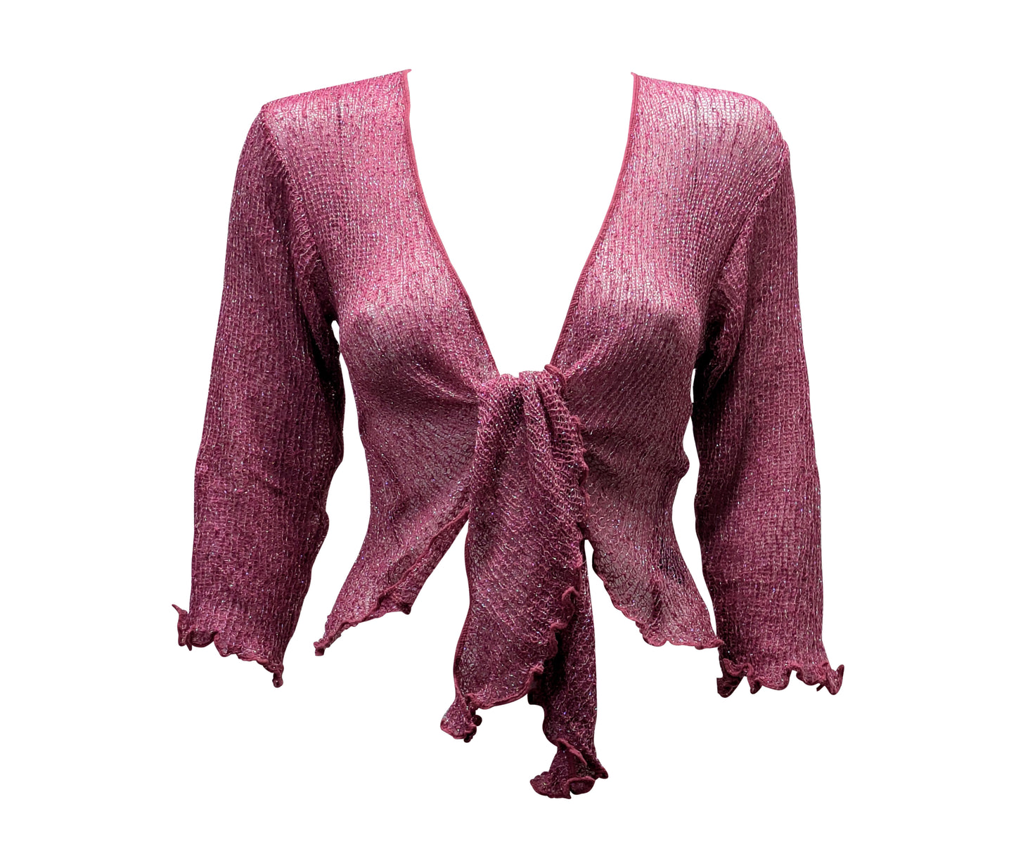 Women's Boho Lurex Knit Shrug Chic Crochet style Cardigan onesize Up To 20 RASPBERRY & SILVER