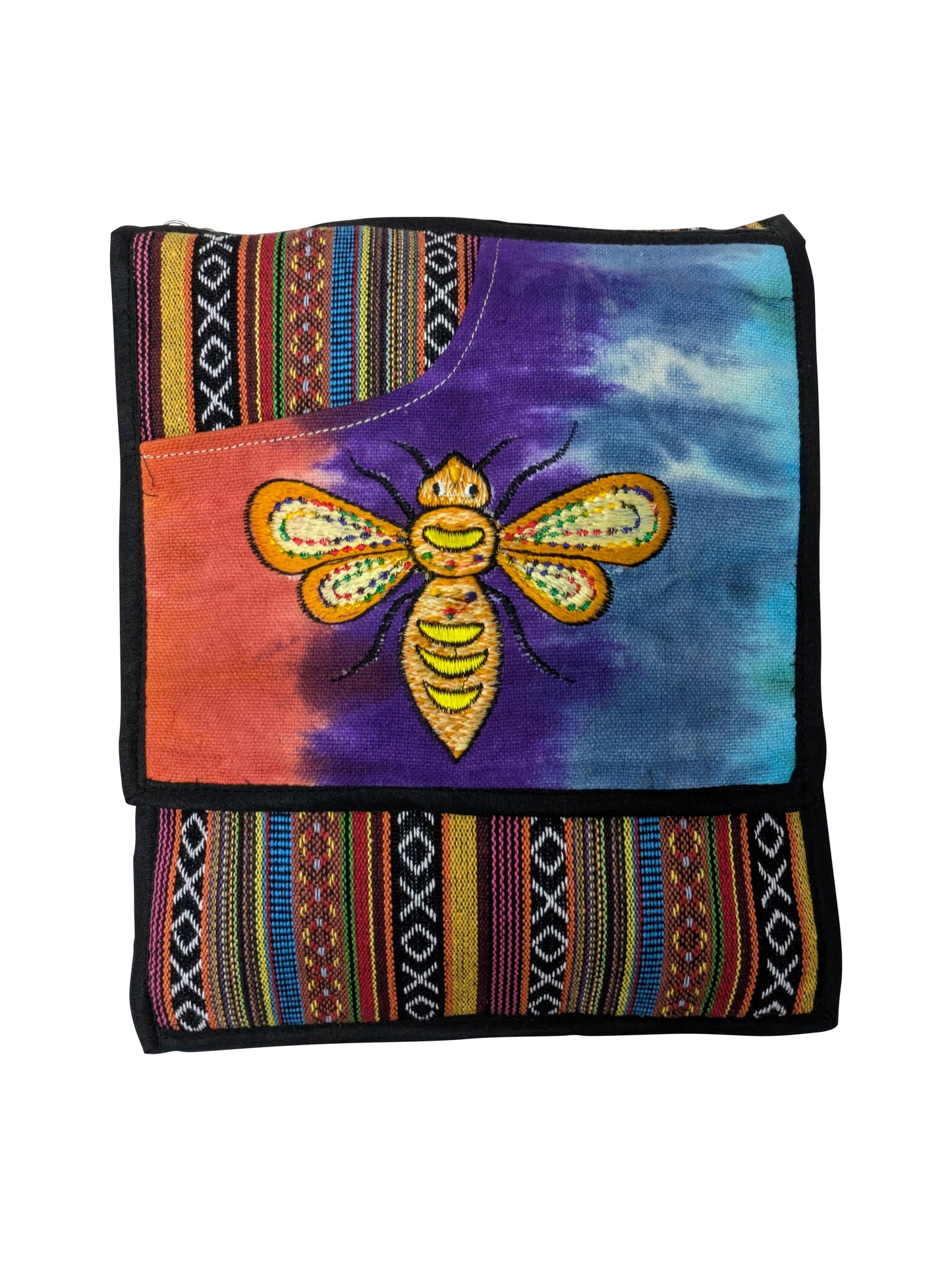 Women's Ladies Hemp Embroidered Aztec Print Honeybee Messenger Bag Front Zip Detail P1