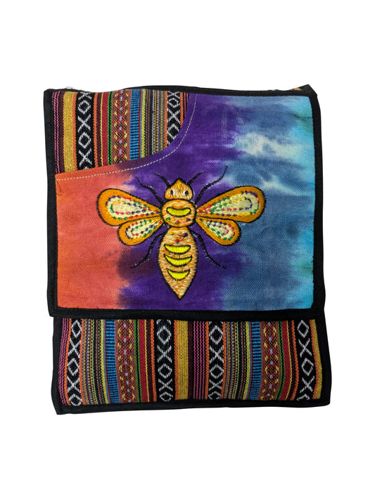 Women's Ladies Hemp Embroidered Aztec Print Honeybee Messenger Bag Front Zip Detail P1